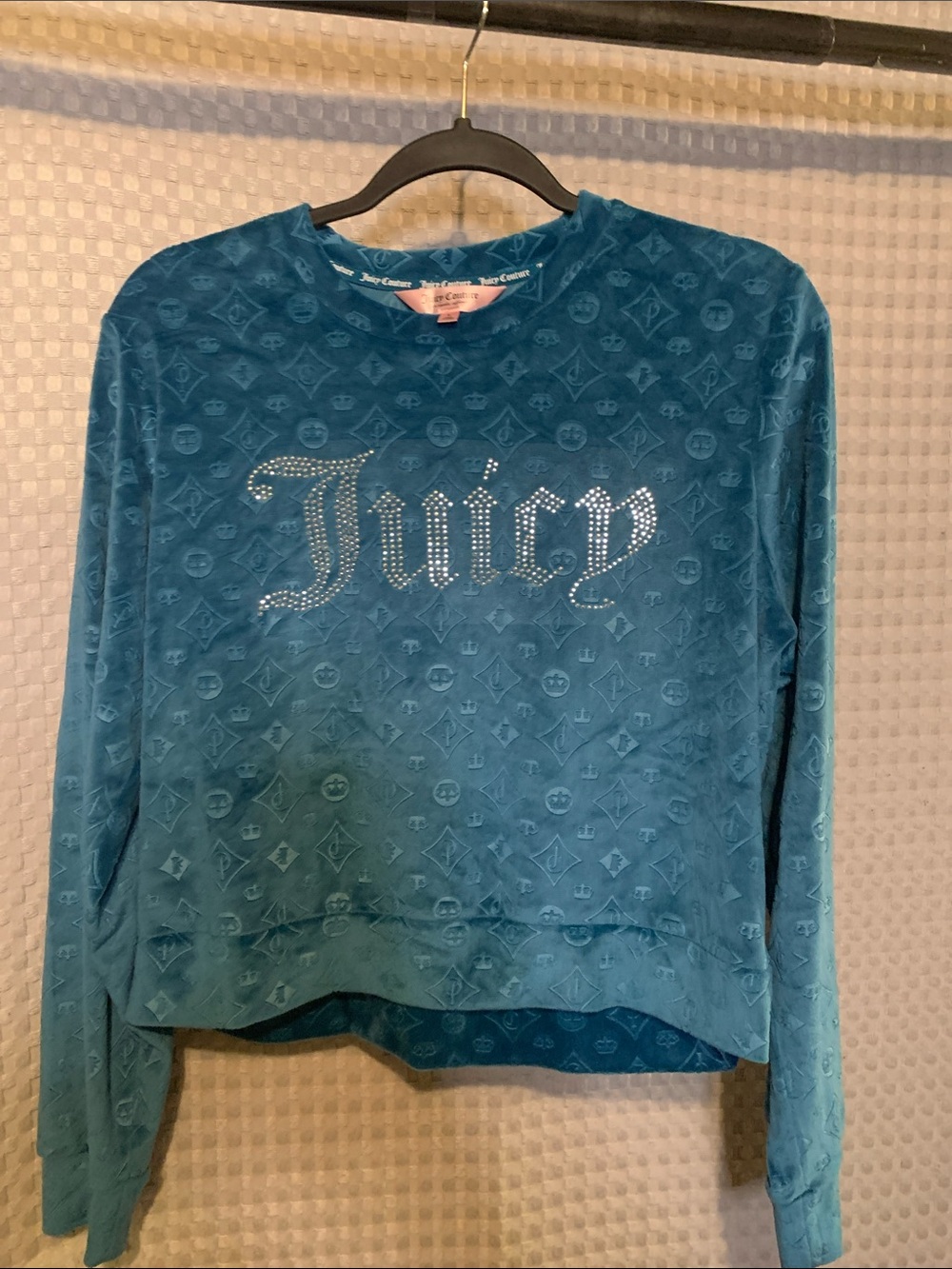 Juicy Couture Teal Velour Rhinestone 'Juicy' Logo Crew Neck Sweater